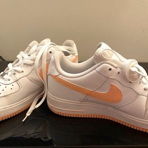 Men’s white & orange Air Force Ones